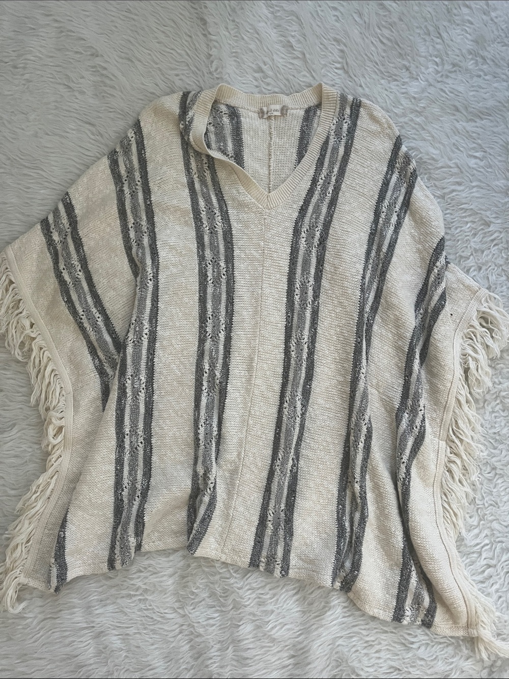 Altar'd State Cream and Gray Striped Poncho Sweater